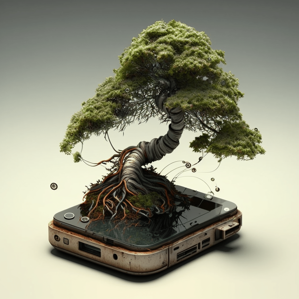 Data Recovery - bonsai growing out of a phone - reborn