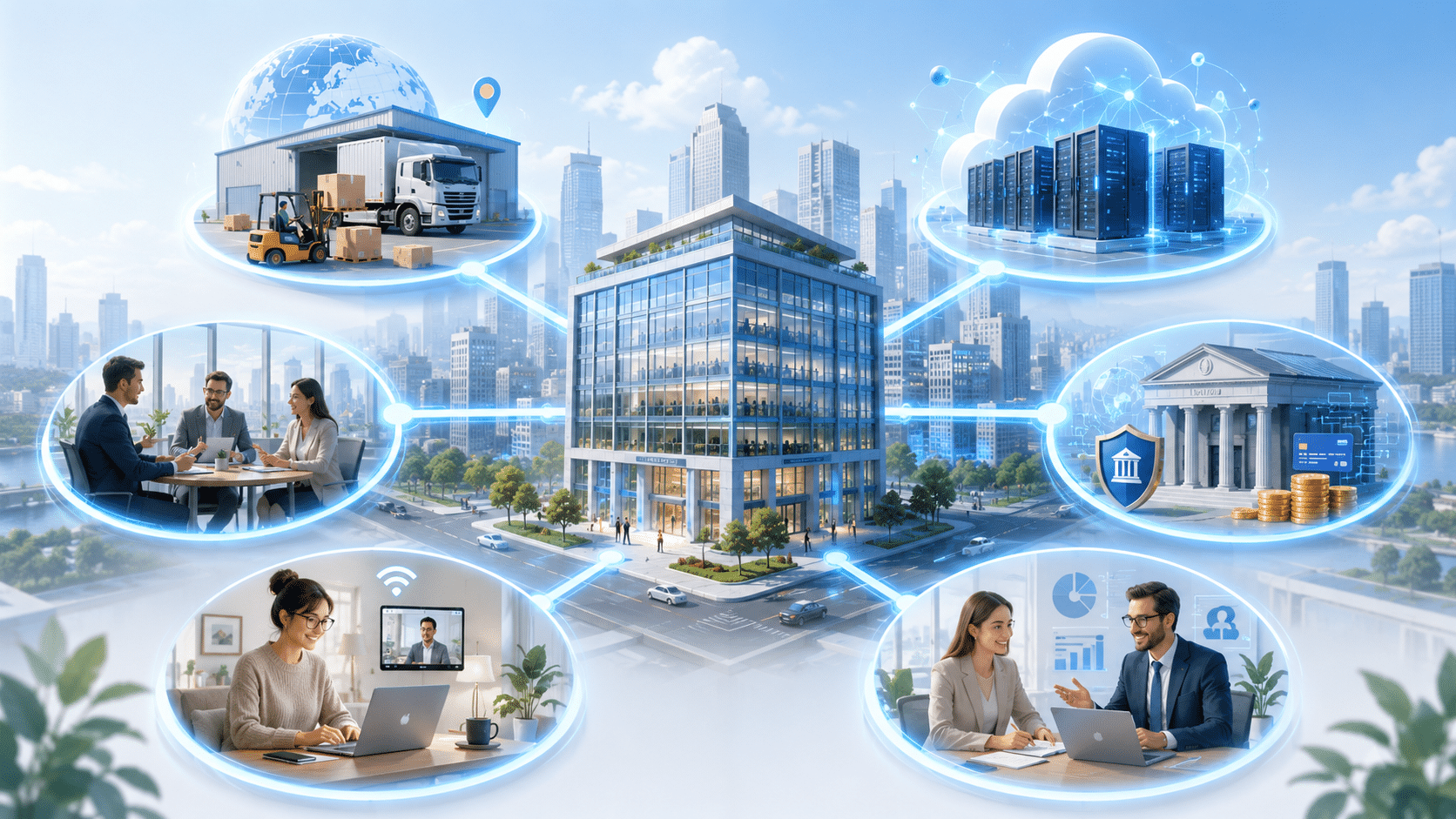 Small business connected to customers, suppliers, cloud services, remote workers, banks, payments and IT providers