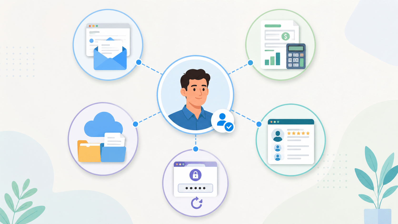 One business identity connected to email, accounting, cloud storage, payroll, CRM and remote access