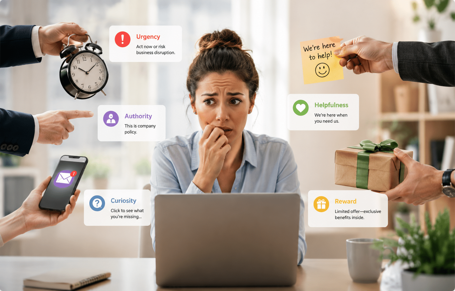 Employee experiencing urgency, authority, curiosity, helpfulness and reward pressure during a cyber attack